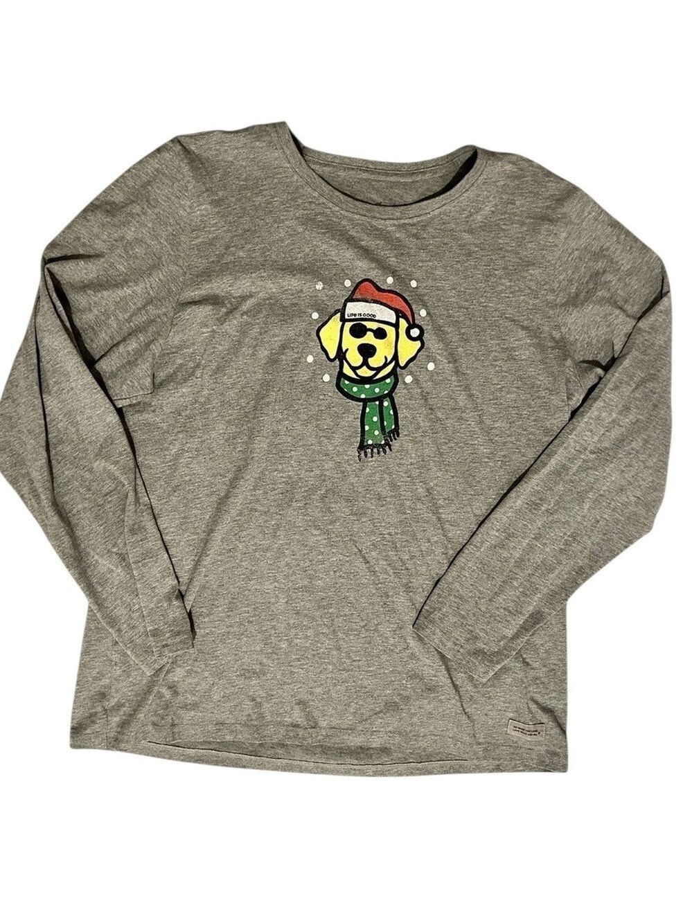 LIFE IS GOOD Santa Dog Crusher Gray Tee Shirt Long Sleeves Size XL EC